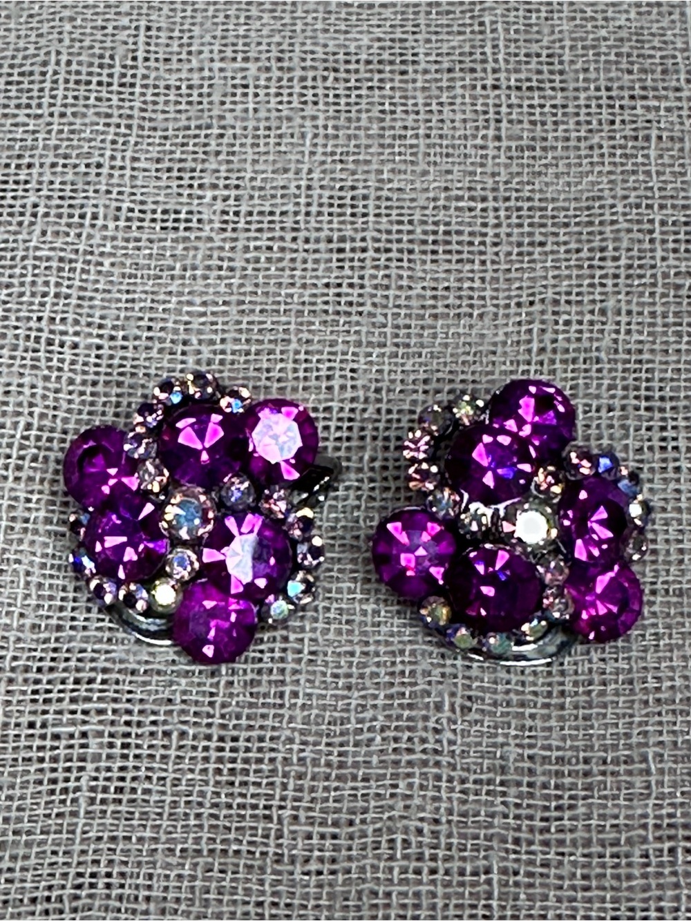 Vintage Mid-Century Purple & Aurora Borealis Rhinestone Cluster Earrings